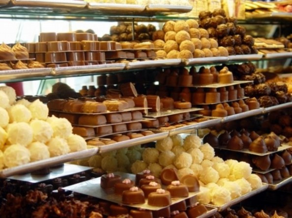 Shelves with Pralines in Brussels Sweets Shop