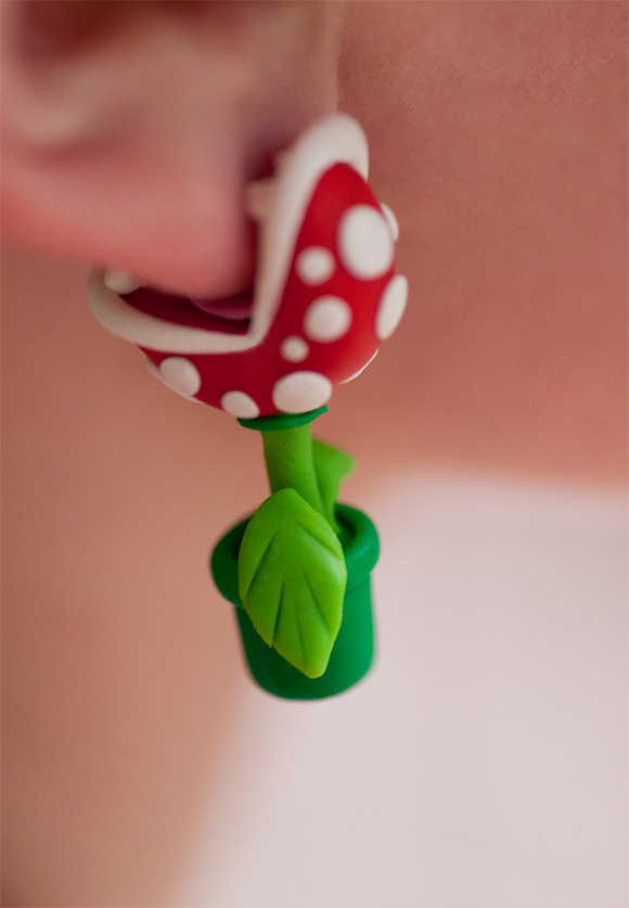 Super Mario Piranha Plant Earrings Closeup 