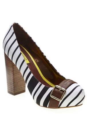 Monochrome Striped Block Heel Court Shoe